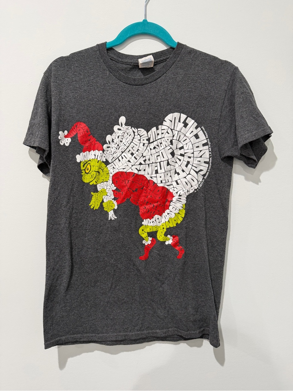 Women’s Charcoal Gray Grinch Word Art Tee with Red and Green Accents